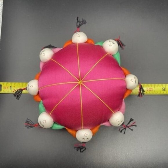 Vintage Chines Friendship Pincushion 5" Satin Doll Ring 8 Faces Folk Art Bright - Picture 5 of 7